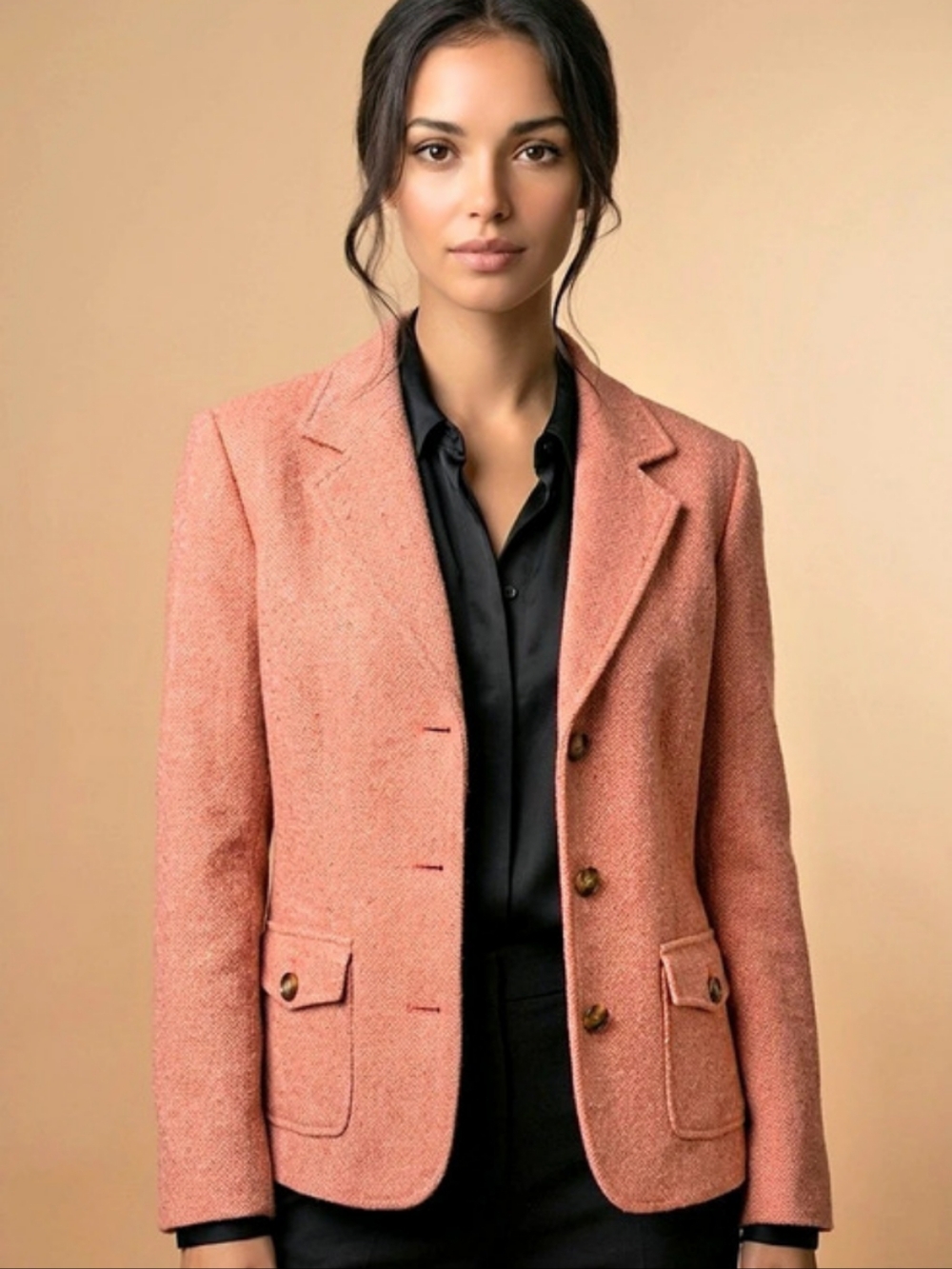 Vintage L.L.Bean Pink Houndstooth Wool/Silk Blend Tweed Blazer Size XL